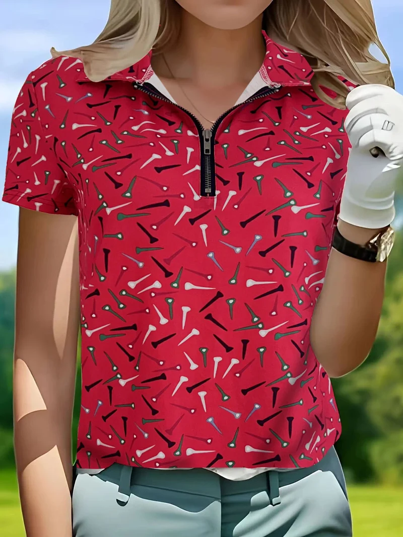 Damen Golfshirt mit modernem Muster und funktionalem Reißverschluss Drune
