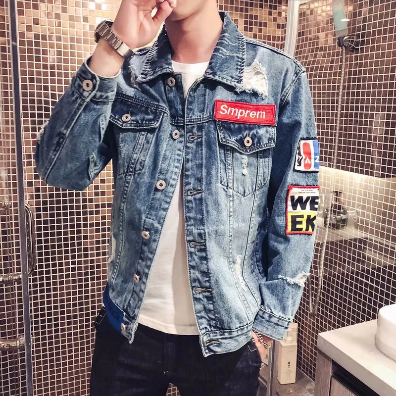 Herren Lässige Denimjacke mit kreativen Patches Drune