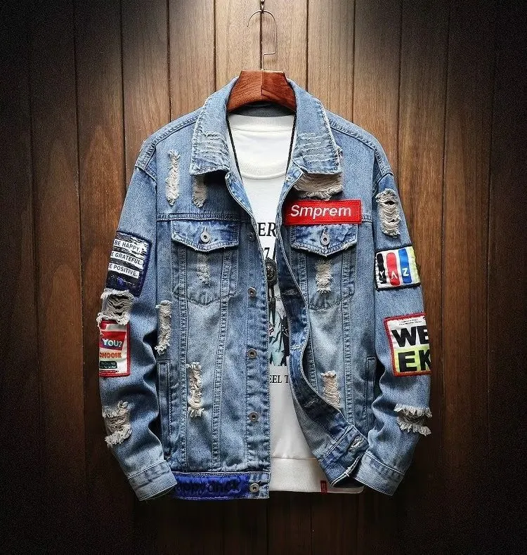 Herren Lässige Denimjacke mit kreativen Patches Drune