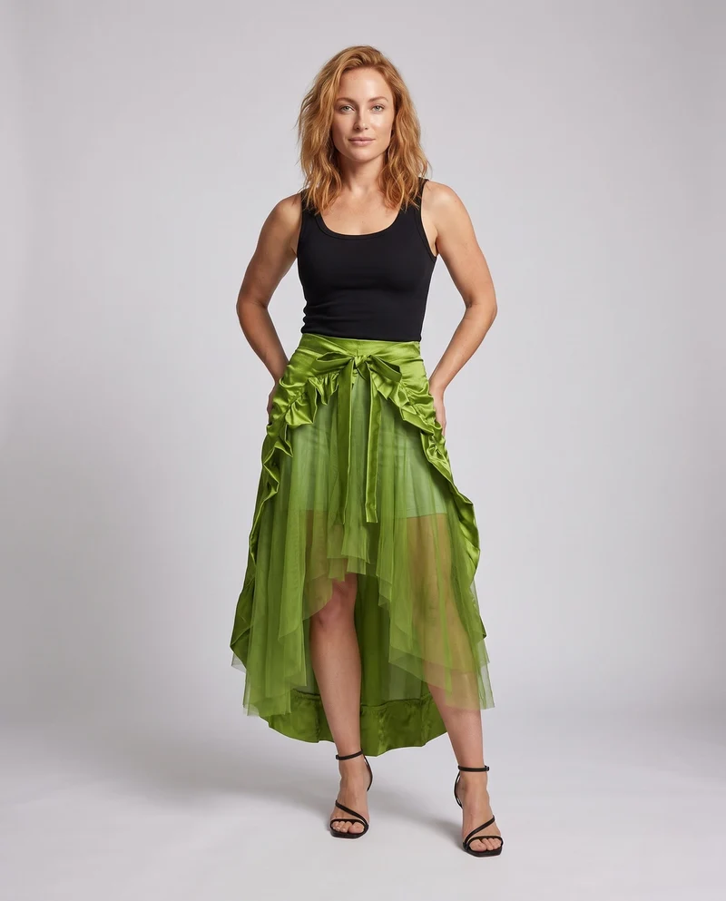 Damen asymmetrischer gefalteter Rock mit Rüschendetails und Taillengürtel Drune