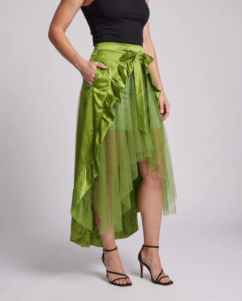 Damen asymmetrischer gefalteter Rock mit Rüschendetails und Taillengürtel Drune