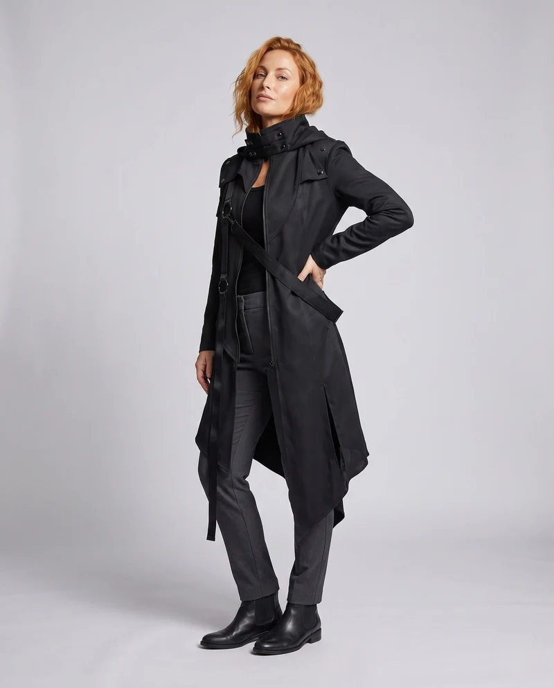 Damen asymmetrischer Kapuzenmantel mit modischen Details und praktischen Taschen Drune