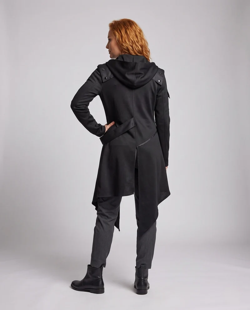 Damen asymmetrischer Kapuzenmantel mit modischen Details und praktischen Taschen Drune