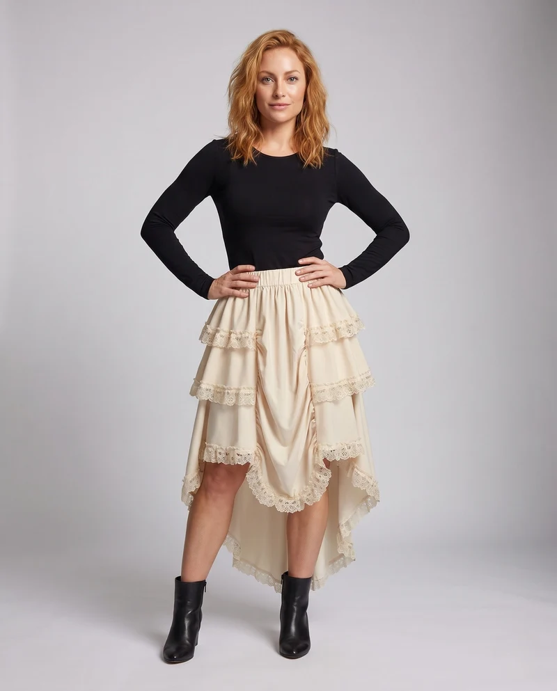 Damen asymmetrischer Midirock mit Rüschendetails und Spitzenapplikationen Drune