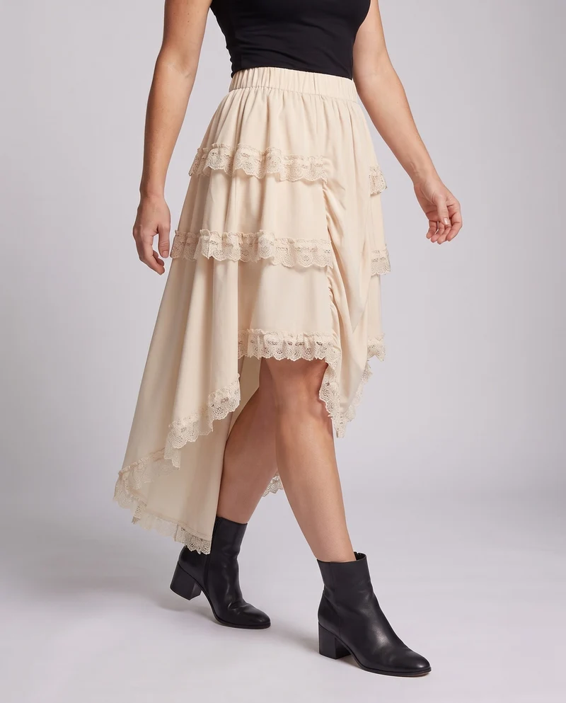 Damen asymmetrischer Midirock mit Rüschendetails und Spitzenapplikationen Drune
