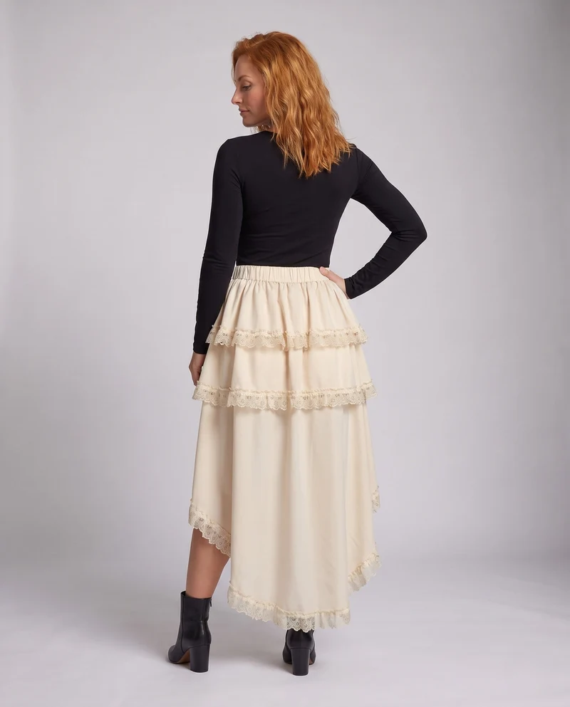Damen asymmetrischer Midirock mit Rüschendetails und Spitzenapplikationen Drune