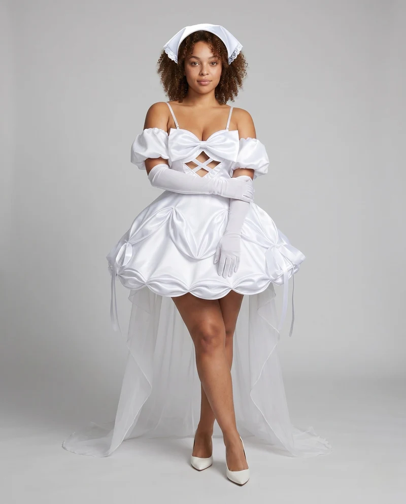 Damen Hochzeits-Cosplay-Kleid mit Ärmelapplikationen und aufwendigen Rüschen Drune