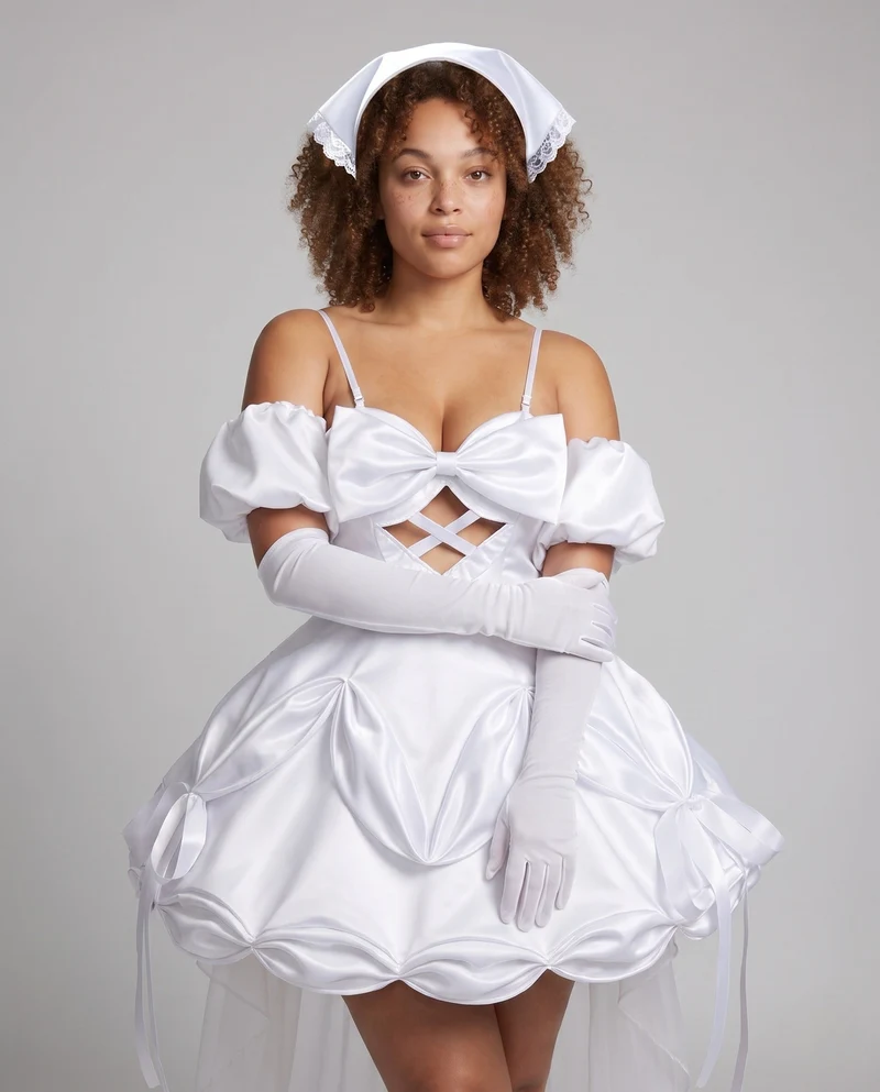 Damen Hochzeits-Cosplay-Kleid mit Ärmelapplikationen und aufwendigen Rüschen Drune