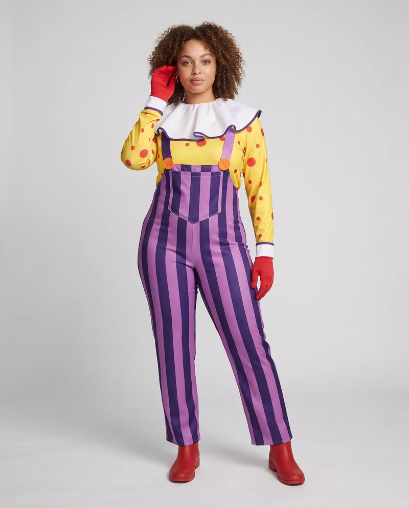 Damen Clown Kostüm mit elastischen Trägern und abnehmbarem Kragen Drune