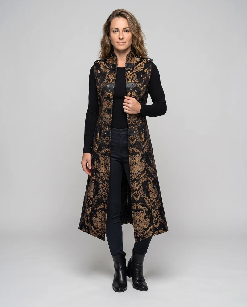 Damen elegante lange Robe mit aufwändigem Muster und hohem Kragen Drune