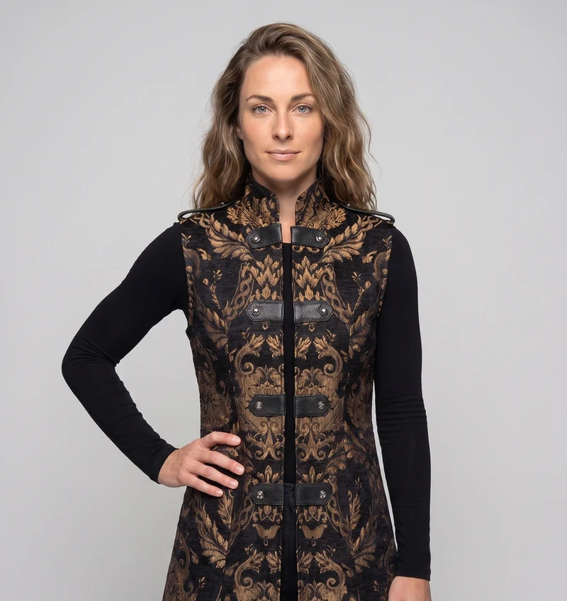 Damen elegante lange Robe mit aufwändigem Muster und hohem Kragen Drune
