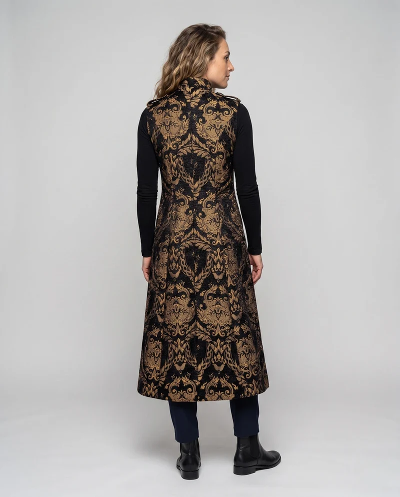 Damen elegante lange Robe mit aufwändigem Muster und hohem Kragen Drune