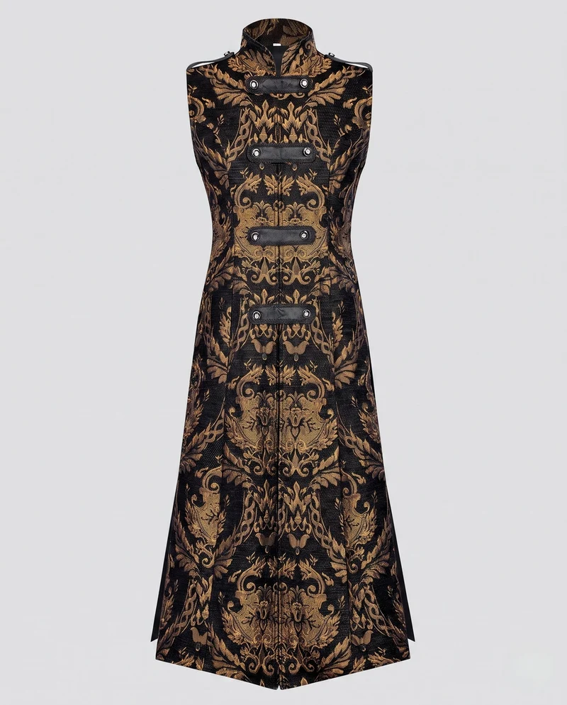 Damen elegante lange Robe mit aufwändigem Muster und hohem Kragen Drune