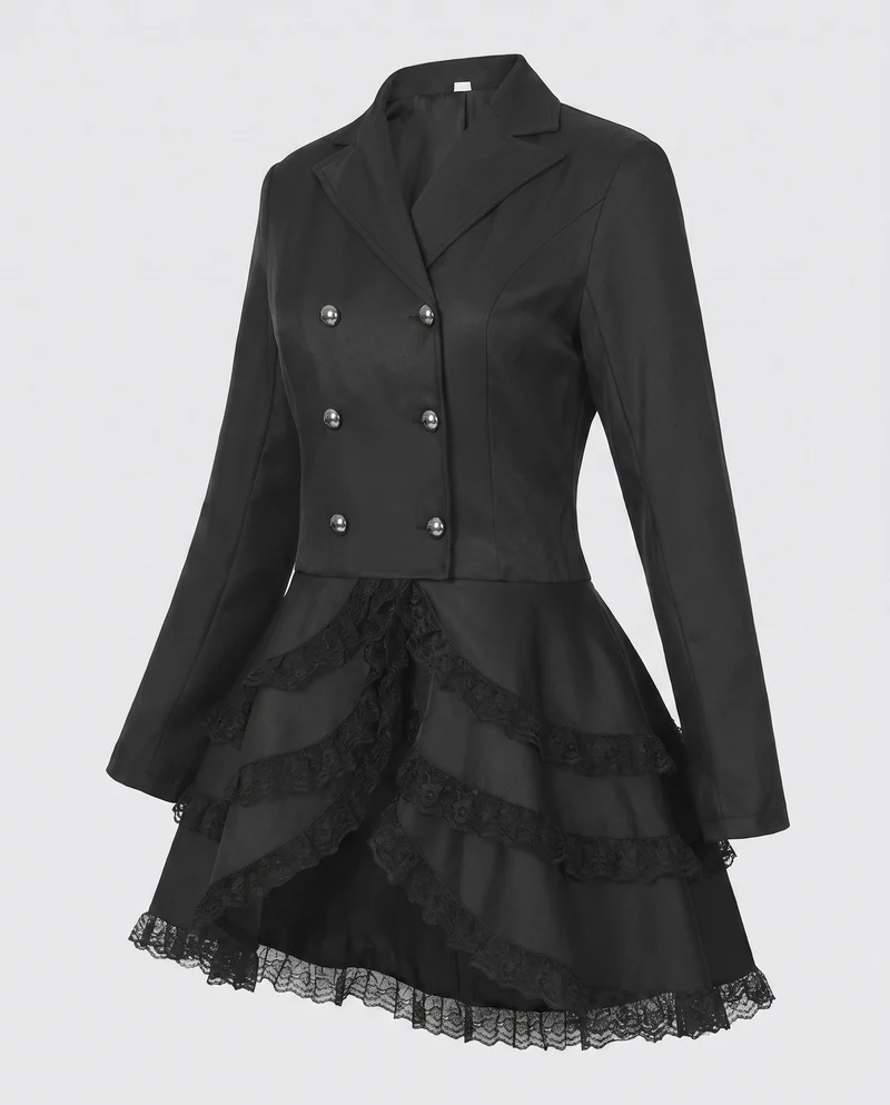 Frauen Elegante RüschJacke mit tiefem V-Ausschnitt und doppelt geknöpftem Vorderteil Drune