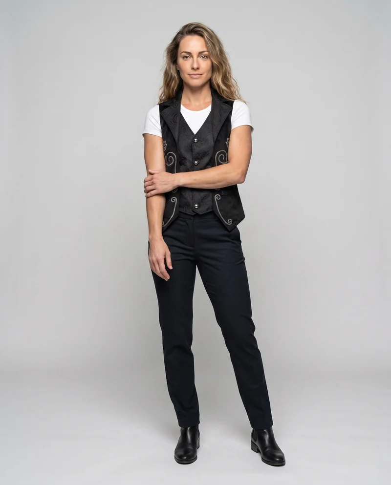 Damen elegantes Satinwest mit floralem Muster und praktischen Taschen Drune