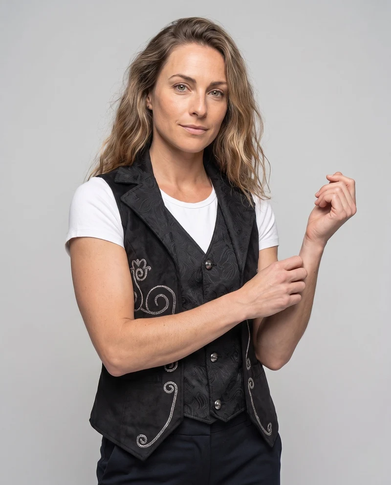 Damen elegantes Satinwest mit floralem Muster und praktischen Taschen Drune