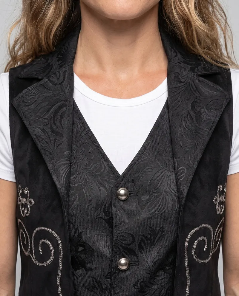 Damen elegantes Satinwest mit floralem Muster und praktischen Taschen Drune