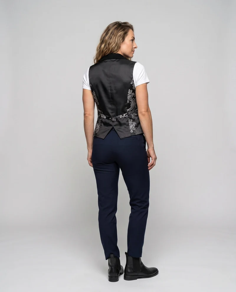 Damen elegantes Satinwest mit floralem Muster und praktischen Taschen Drune