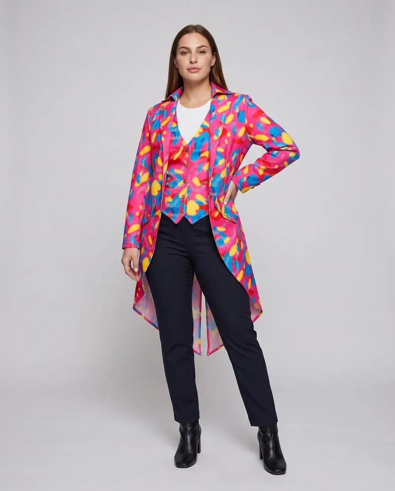 Damen eleganter, farbenfroher Mantel mit asymmetrischem Schnitt und Taschen Drune