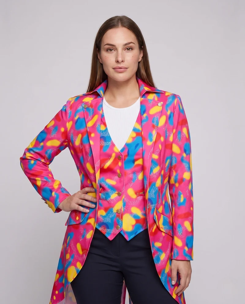 Damen eleganter, farbenfroher Mantel mit asymmetrischem Schnitt und Taschen Drune