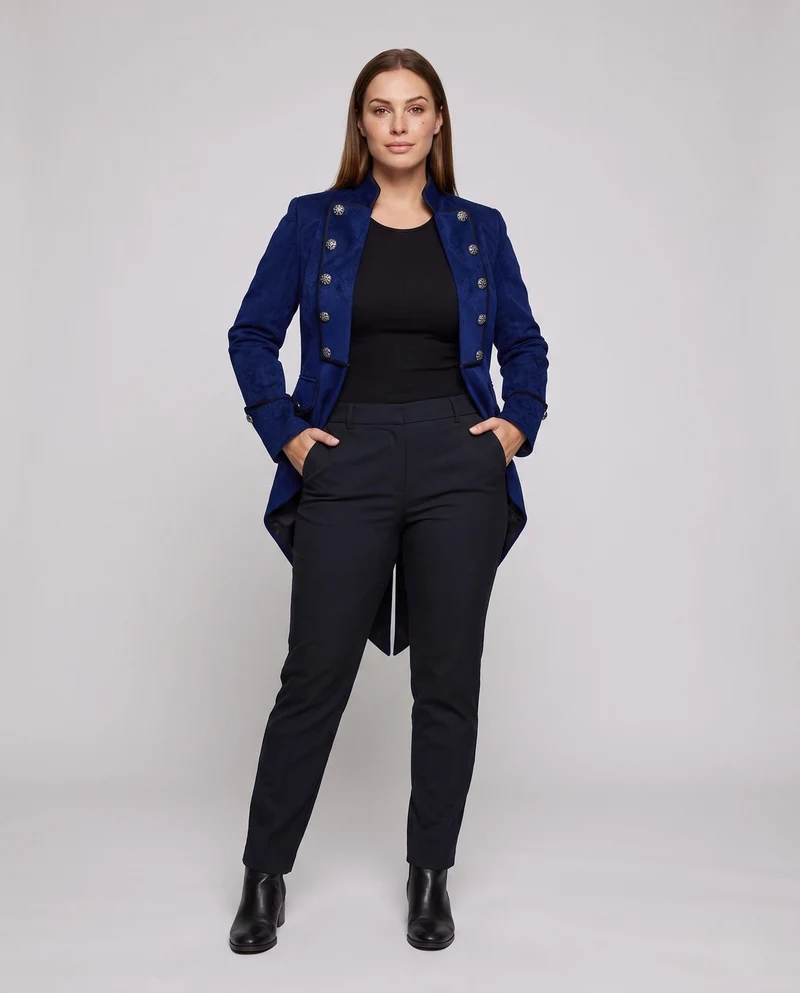 Elegante Damen-Frack mit asymmetrischem Saum und kunstvollen Knöpfen Drune