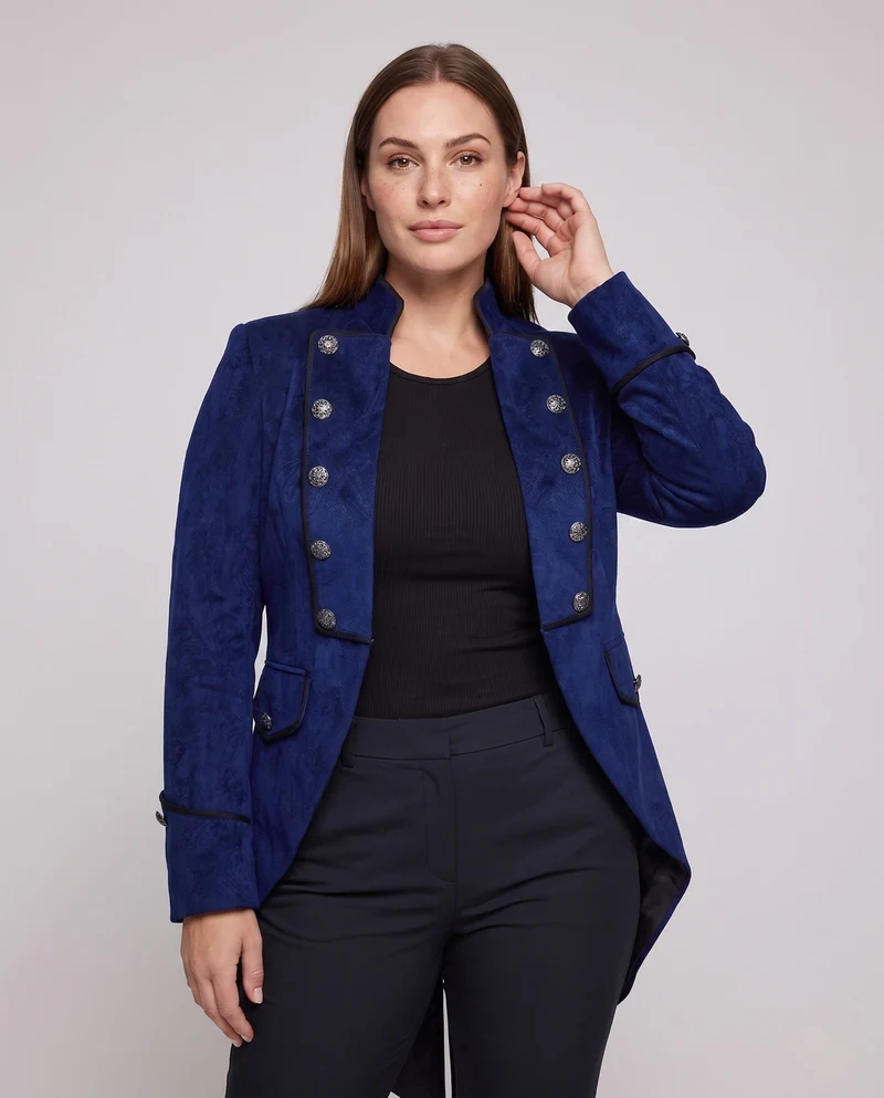 Elegante Damen-Frack mit asymmetrischem Saum und kunstvollen Knöpfen Drune
