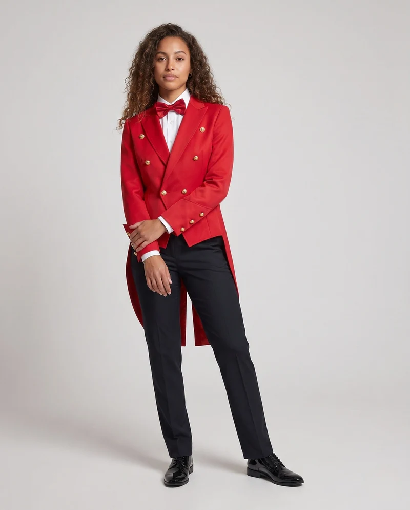Damen eleganter Frack mit aufwendigen Knopfdetails und passendem Fliegen-Drune