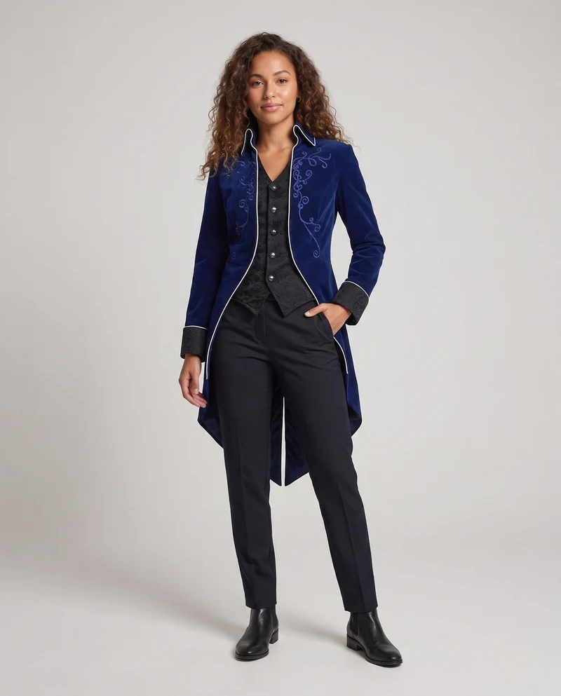 Damen elegante Frackjacke mit aufwändigen Verzierungen und asymmetrischem Schnitt Drune