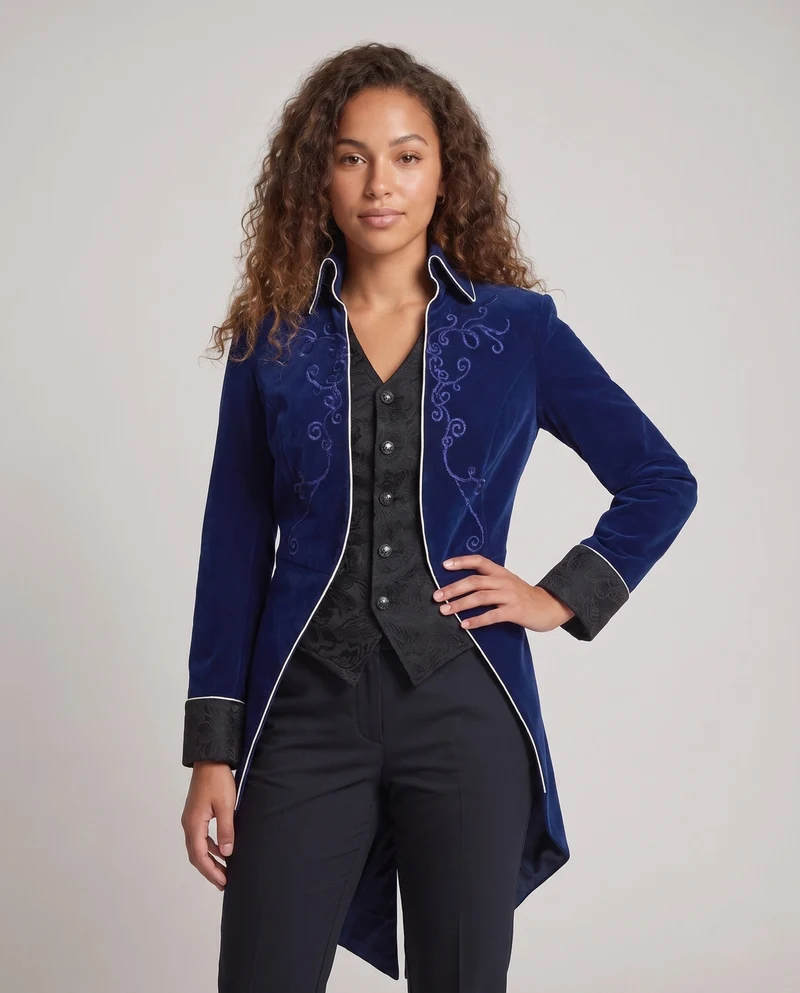 Damen elegante Frackjacke mit aufwändigen Verzierungen und asymmetrischem Schnitt Drune