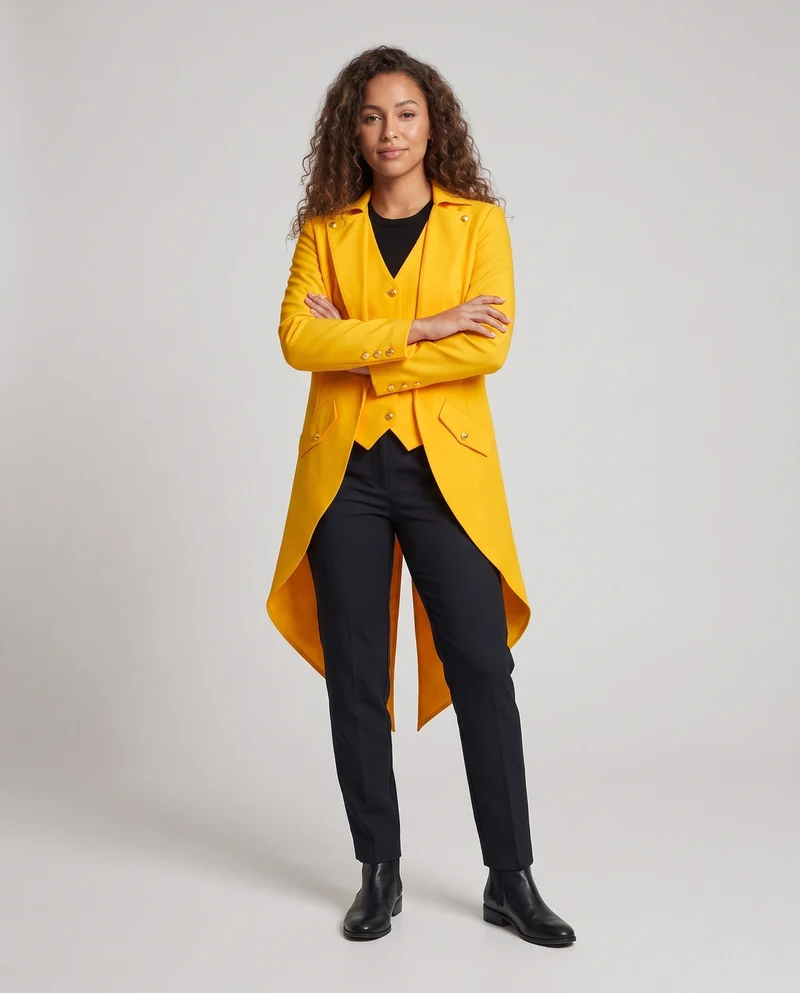 Damen elegante Frackjacke mit asymmetrischem Saum und goldenen Akzenten Drune