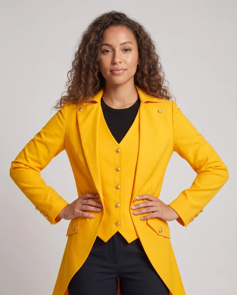 Damen elegante Frackjacke mit asymmetrischem Saum und goldenen Akzenten Drune