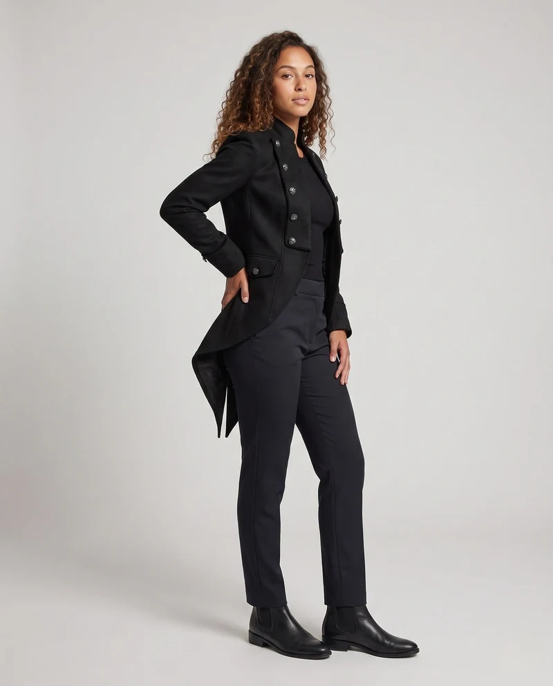 Damen eleganter Frack mit asymmetrischem Saum und aufwendigen Verzierungen Drune