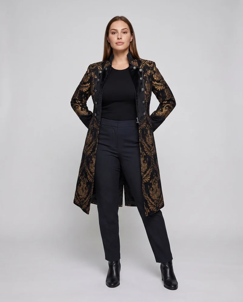 Damen elegante Frackjacke mit edlem Muster und künstlerischen Knöpfen Drune