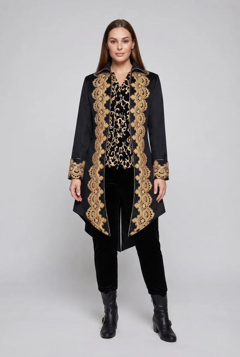 Damen elegante Frack mit feiner goldener Stickerei und asymmetrischem Saum Drune