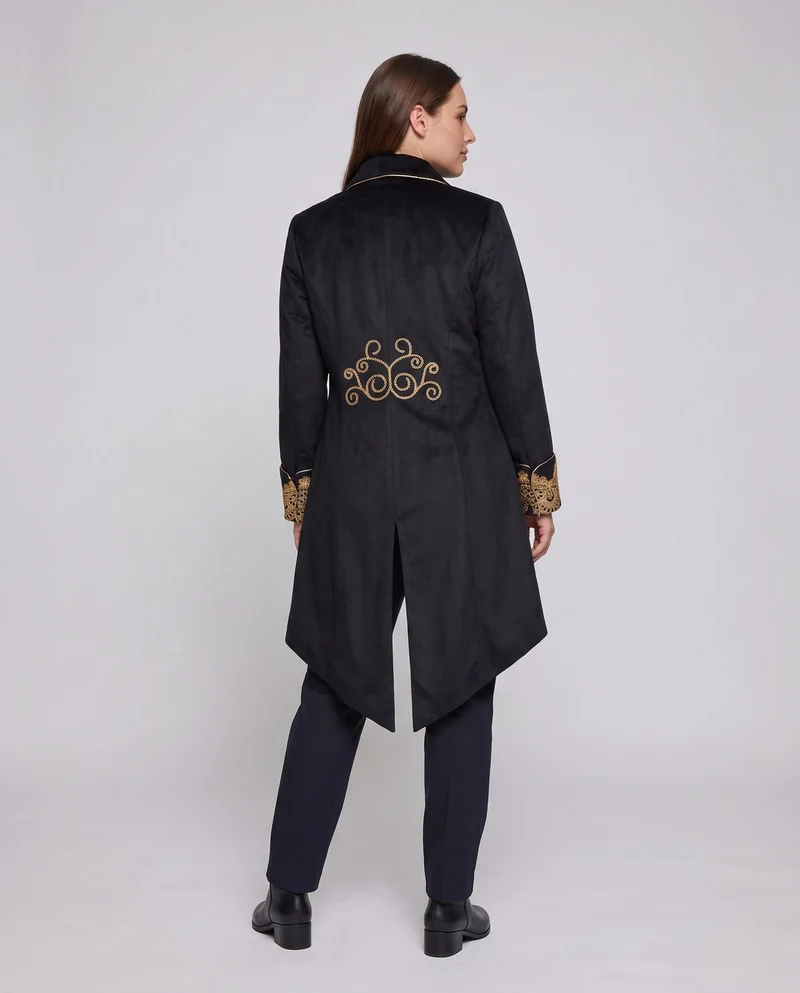 Damen elegante Frack mit feiner goldener Stickerei und asymmetrischem Saum Drune