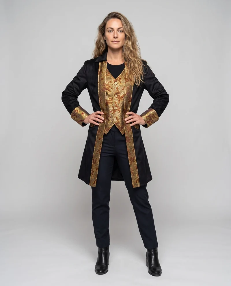 Damen eleganter Frack mit aufwendigen Verzierungen und goldenen Akzenten Drune