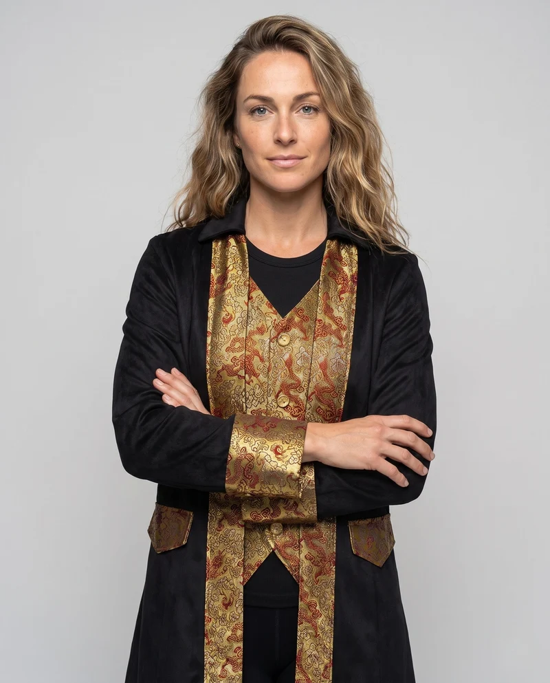 Damen eleganter Frack mit aufwendigen Verzierungen und goldenen Akzenten Drune