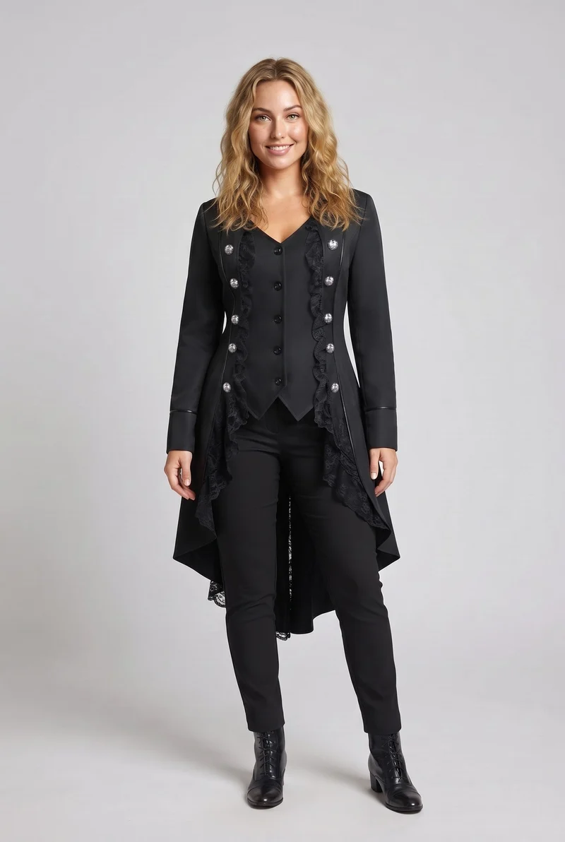 Damen elegante Frack mit Spitze Akzenten und dekorativem Knopfverschluss Drune