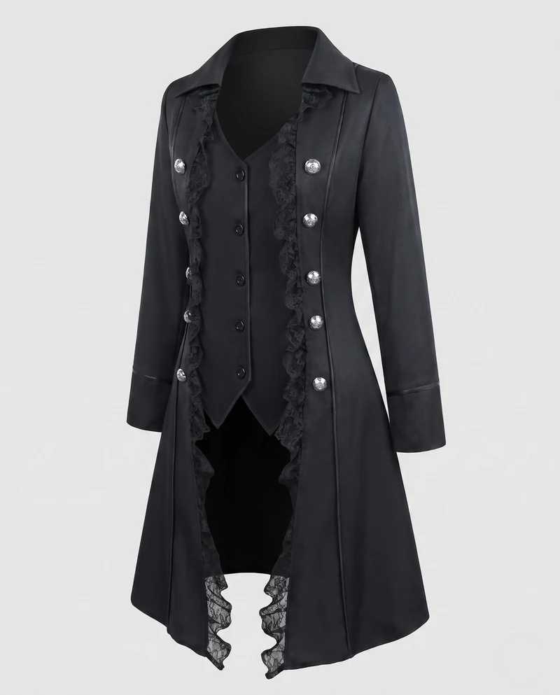 Damen elegante Frack mit Spitze Akzenten und dekorativem Knopfverschluss Drune