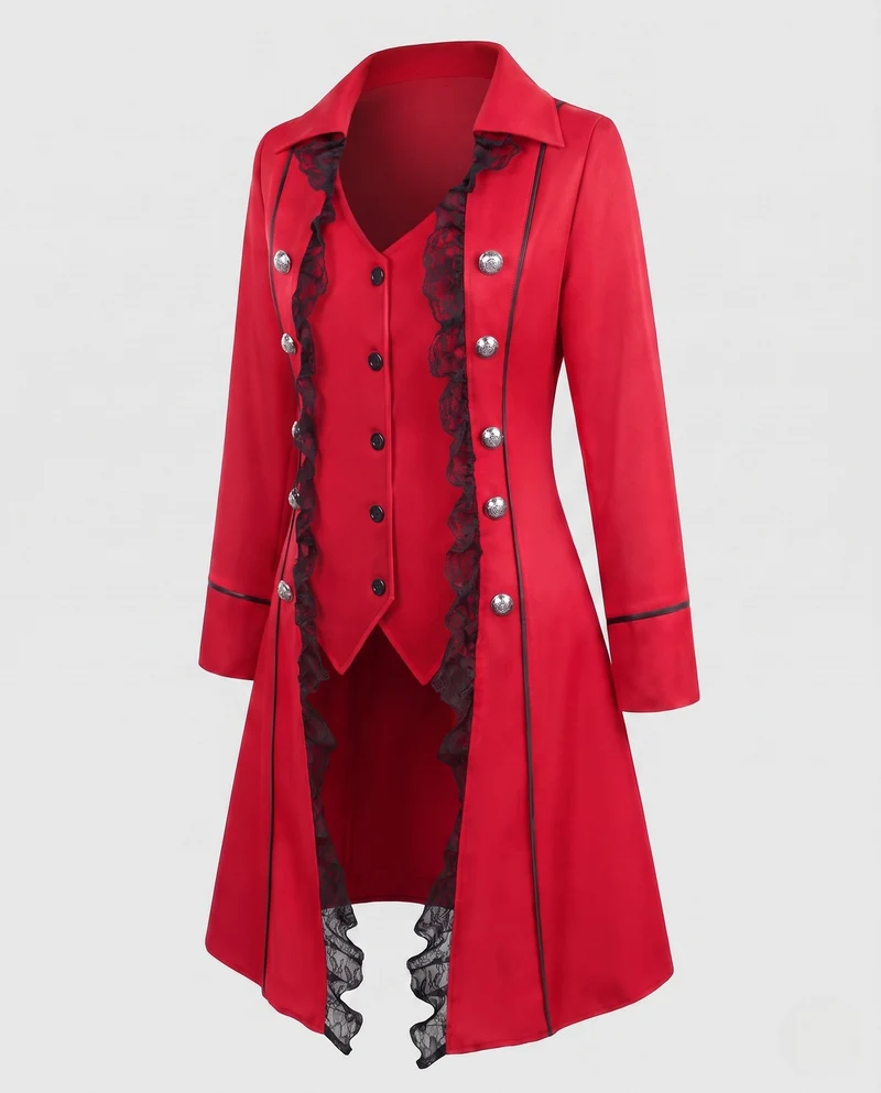 Damen elegante Frack mit Spitze Akzenten und dekorativem Knopfverschluss Drune