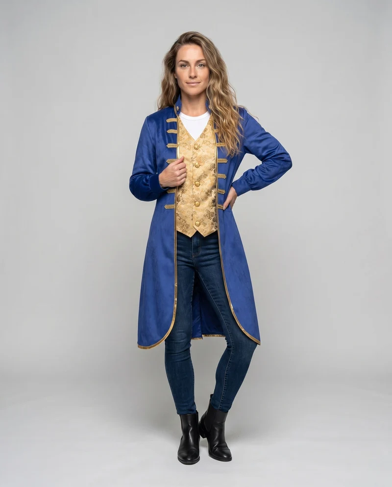 Frauen eleganter historischer Frack mit kunstvollen Verzierungen und goldenen Akzenten Drune