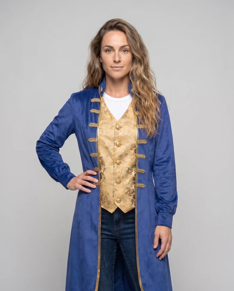 Frauen eleganter historischer Frack mit kunstvollen Verzierungen und goldenen Akzenten Drune