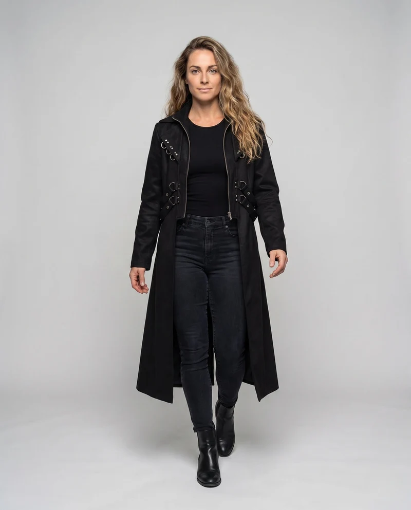 Damen eleganter Kapuzenmantel mit aufwändigen Schnallen und femininer Silhouette Drune