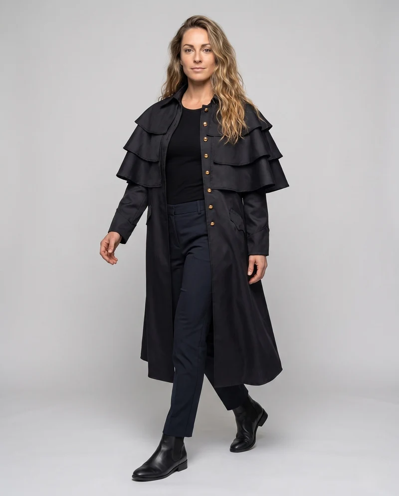 Damen eleganter Kapuzenmantel mit Rüschenelementen Drune