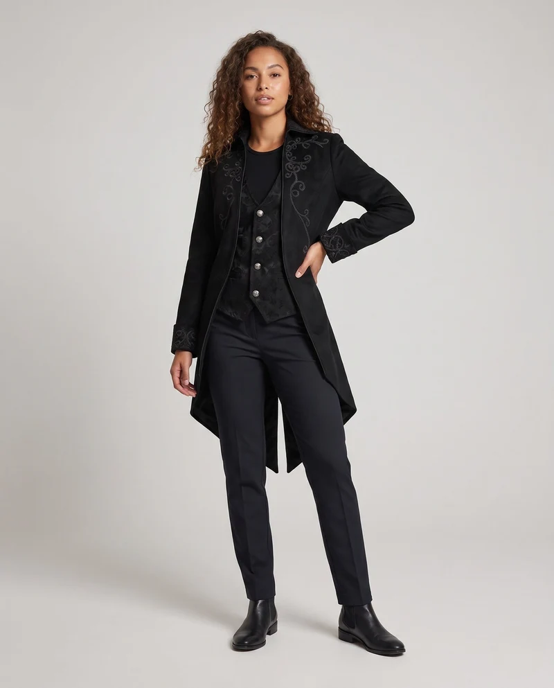 Damen elegante Stehkragenfrack mit aufwendigen Verzierungen und asymmetrischem Saum Drune