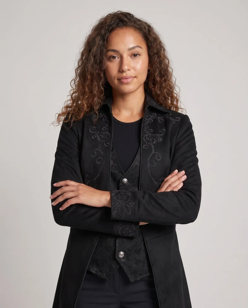 Damen elegante Stehkragenfrack mit aufwendigen Verzierungen und asymmetrischem Saum Drune