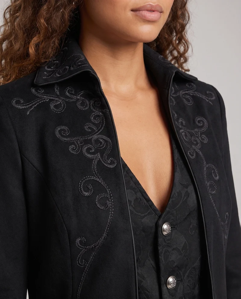 Damen elegante Stehkragenfrack mit aufwendigen Verzierungen und asymmetrischem Saum Drune