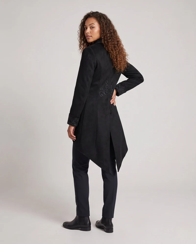 Damen elegante Stehkragenfrack mit aufwendigen Verzierungen und asymmetrischem Saum Drune