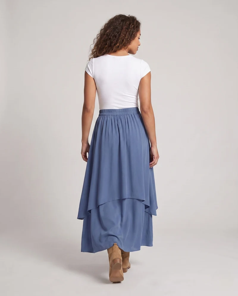 Damen elegante zweilagige Maxirock mit fließendem Schnitt und elastischem Bund Drune