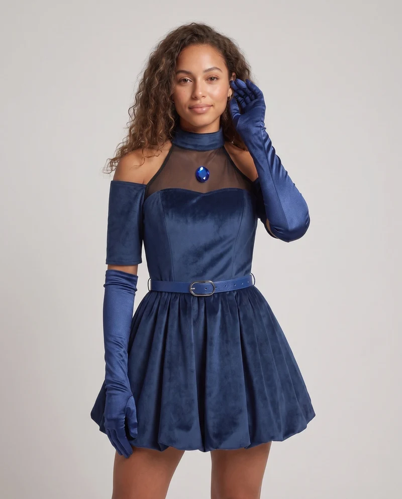 Damen elegantes Abendkleid mit transparentem Ausschnitt und Zubehör Drune